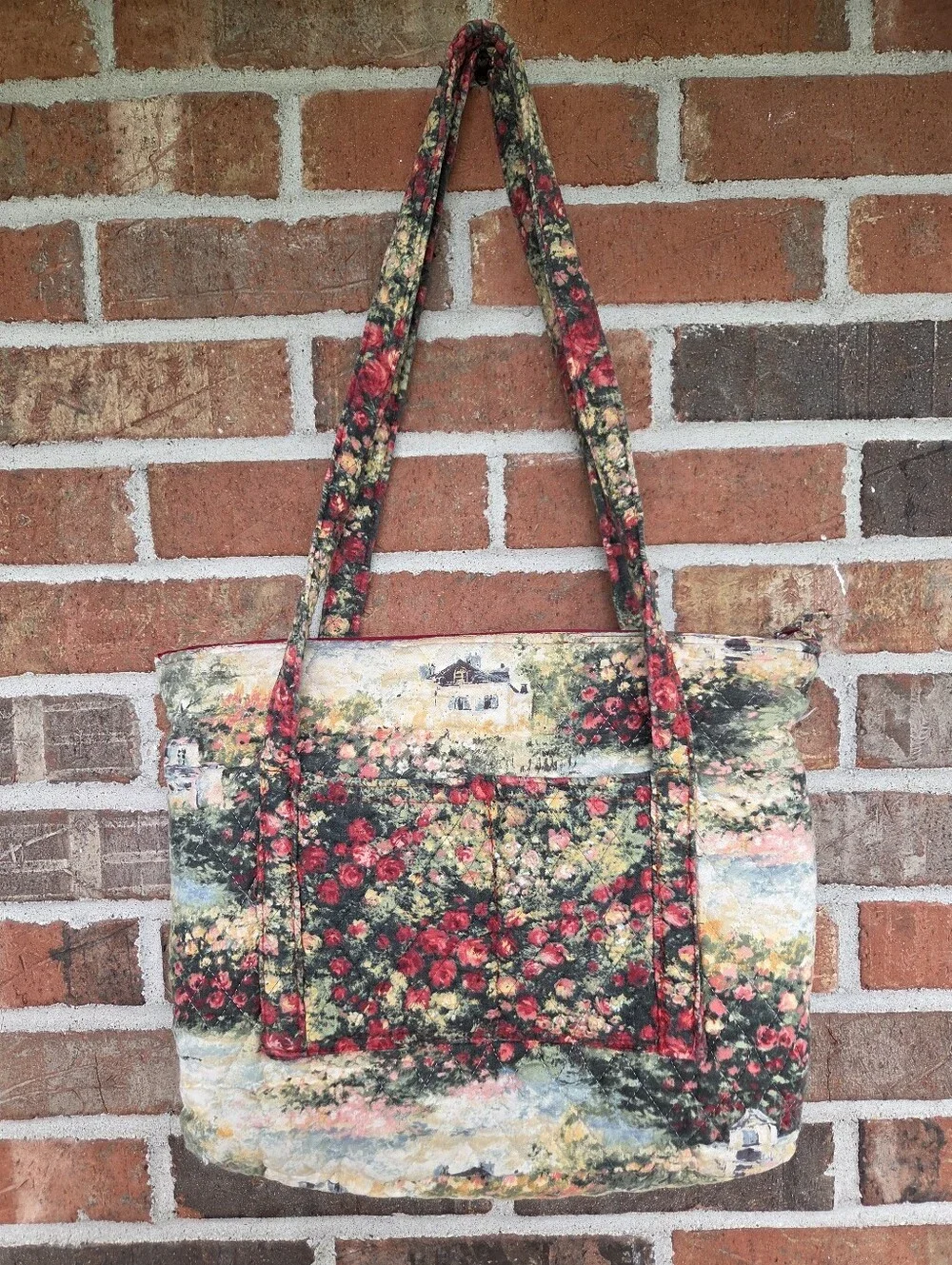 Quilted Floral Tote Bag With Zippered Pouch in Multicolor Handmade